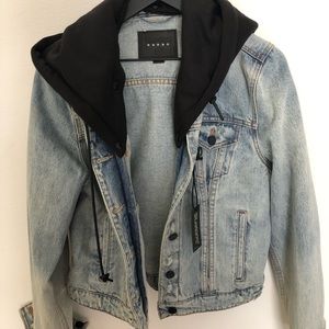 Distressed Denim Jacket with Removable Hood